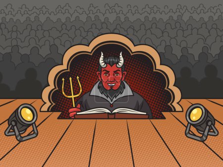 Illustration for Devil in prompter booth box on theater stage pinup pop art retro hand drawn vector illustration. Comic book style imitation. - Royalty Free Image