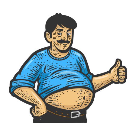 Illustration for Fat man with beer belly abdominal obesity sketch hand drawn color engraving vector illustration. Scratch board imitation. Black and white hand drawn image. - Royalty Free Image