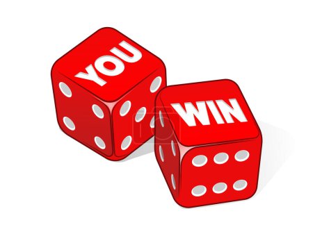 Illustration for You win on two red dices isolated on white background. Winner concept. Red colorful dice. Pop art style hand drawn color vector illustration. - Royalty Free Image