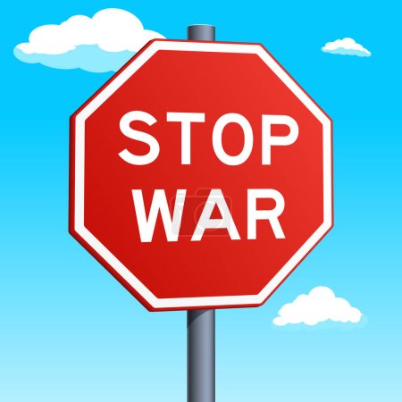 Ilustración de Stop War señal de tráfico roja aislada en el cielo azul con las nubes de fondo. Arte pop estilo dibujado a mano vector de color ilustración. - Imagen libre de derechos