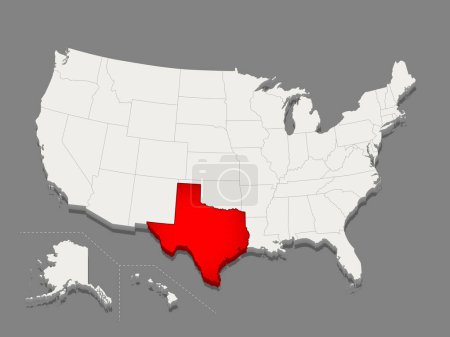 Téléchargez les illustrations : L'état du Texas est mis en évidence en rouge sur une carte minimaliste des États-Unis en blanc sur fond sombre. Des lignes fines et propres. Illustration vectorielle. - en licence libre de droit