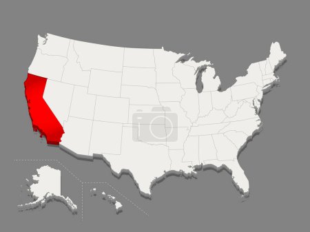 Téléchargez les illustrations : L'état de Californie est mis en évidence en rouge sur une carte minimaliste des États-Unis en blanc sur fond sombre. Des lignes fines et propres. Illustration vectorielle. - en licence libre de droit