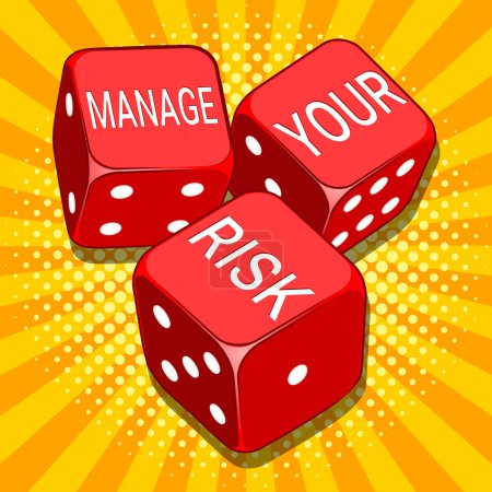 Illustration for Manage your risk on three red dice isolated on yellow background. Risk management concept. Red colorful dice. Pop art style hand drawn color vector illustration. - Royalty Free Image