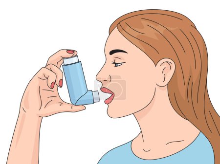 Young woman uses inhaler puffer asthma pump or allergy spray medical device hand drawn schematic vector illustration. Medical science educational illustration
