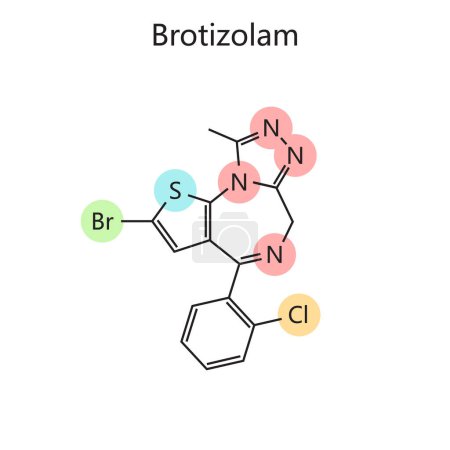 Chemische organische Formel des Brotizolam-Diagramms, handgezeichnet schematische Vektorillustration. Pädagogische Illustration der Medizinwissenschaften