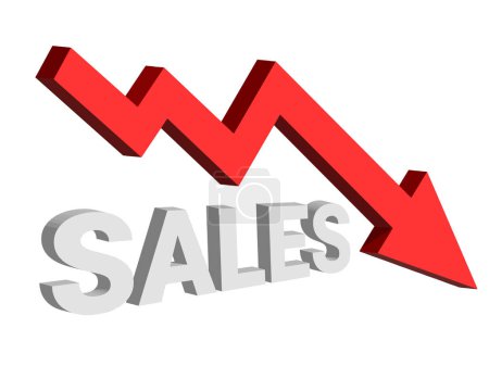 Red arrow 3D down shows decreasing sales. Conceptual vector illustration