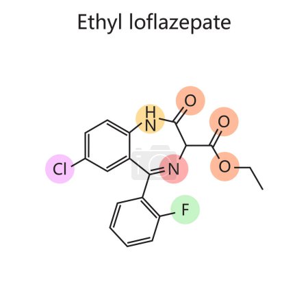 Chemical organic formula of Ethyl loflazepate diagram hand drawn schematic vector illustration. Medical science educational illustration