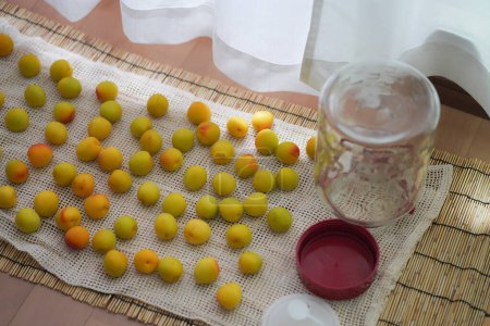 Drying Nanko plums and glass bottles indoors