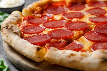Photo for Pepperoni Pizza with Mozzarella Cheese, Salami, Tomato Sauce, Stone Baked Pizza - Royalty Free Image