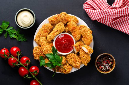 Téléchargez les photos : Délicieuses bandes de poitrine de poulet pané frit croustillant avec Ketchup sur fond foncé, doigts de poulet - en image libre de droit