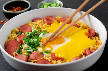 Téléchargez les photos : Nouilles Ramen aux saucisses, aux œufs, au fromage fondu et à l'échallion, Ramyeon Shin au micro-ondes ou Ramyun, nouilles coréennes sur fond sombre - en image libre de droit