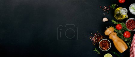 Cooking Concept with Spices and Vegetables on Dark Background, Vegetarian Food, Health, Background for Recipes, Top View