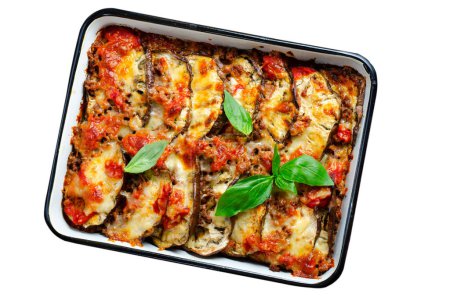 Photo for Eggplant Casserole, Roasted Eggplant Dish with Minced Meat, Tomato Sauce and Mozzarella over White Background Isolated - Royalty Free Image