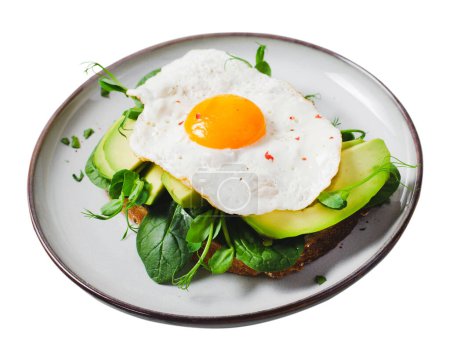 Photo for Avocado Sandwich with Fried Egg, Healthy Breakfast or Snack on White Isolated Background - Royalty Free Image