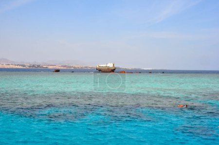 Téléchargez les photos : Le navire coulé Lara près de l'île de Tiran est un point de repère de la station Sharm El Sheikh. Égypte, Mer Rouge. - en image libre de droit