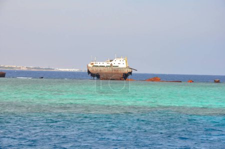 Téléchargez les photos : Le navire coulé Lara près de l'île de Tiran est un point de repère de la station Sharm El Sheikh. Égypte, Mer Rouge. - en image libre de droit