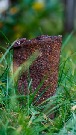 Photo for A rusty pipe in the grass sticks out of the ground - Royalty Free Image