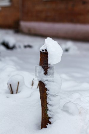 Photo for A rusty iron pipe sticks out of the ground in winter. Pipe in the snow. - Royalty Free Image