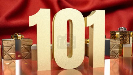 Téléchargez les photos : Le numéro d'or 101 et boîte cadeau sur soie rouge pour concept d'entreprise - en image libre de droit