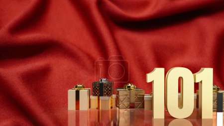 Téléchargez les photos : Le numéro d'or 101 et boîte cadeau sur soie rouge pour concept d'entreprise - en image libre de droit