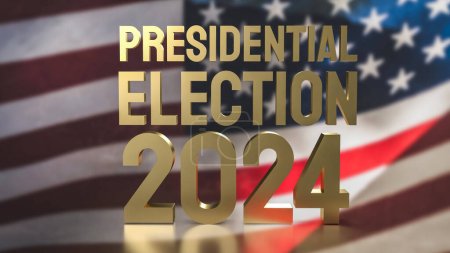 Drapeau des États-Unis et texte d'or élection présidentielle 2024 pour le concept de vote 3d renderin