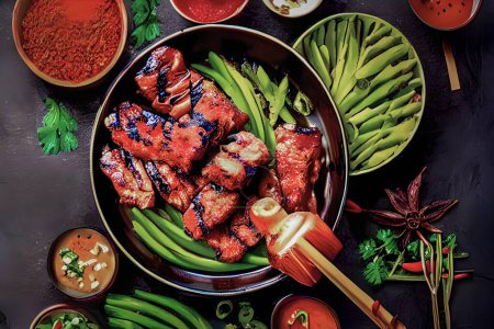 Téléchargez les photos : Le barbecue chinois Mala est un style populaire de cuisine chinoise qui propose des brochettes de viande et de légumes cuits sur une flamme nue. Le terme "mala" se réfère à un profil aromatique distinctif qui se caractérise par une combinaison d'engourdissant et épicé - en image libre de droit