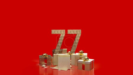 Téléchargez les photos : Numéro d'or 7.7 sur boîte cadeau sur fond rouge pour le concept de promotion rendu 3d - en image libre de droit