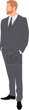 Man wearing in business suit standing with his hands in his trouser pockets. Character illustration. Flat vector illustration.