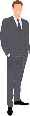 Photo for Dark haired smiling man wearing in business suit standing with his hands in his pants pockets. Flat vector illustration. - Royalty Free Image