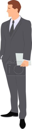 Photo for Dark haired man wearing in business suit standing and keeping laptop in his hand. Character design. Flat vector illustration. - Royalty Free Image
