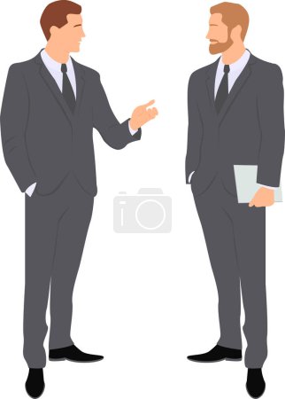 Photo for Two standing men wearing in business suits, one that holding laptop and another one gesturing with arm are talking - Royalty Free Image