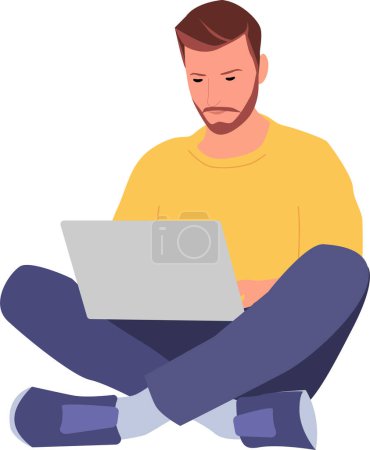 Photo for Young man sitting with laptop. Working on computer. Freelancer. Online education. Flat style. Vector illustration - Royalty Free Image