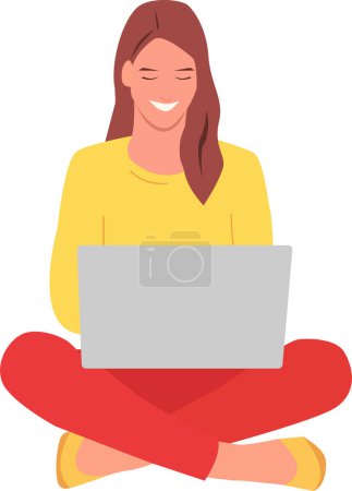 Photo for Young woman sitting with laptop. Working on computer. Freelancer. Online education. Flat style. Vector illustration - Royalty Free Image