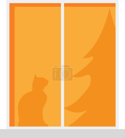 Photo for Silhouette of a cat and a Christmas tree in the window of a house. Vector illustration - Royalty Free Image