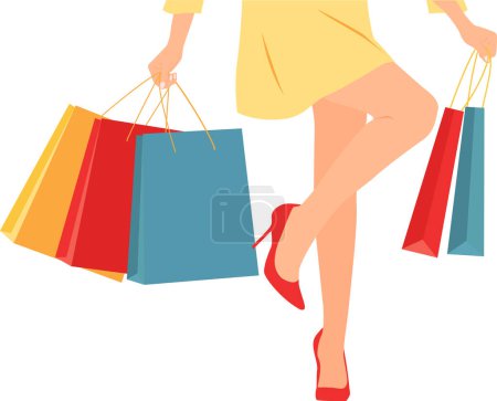 Photo for Woman in yellow dress carrying shopping bags. Vector illustration. Flat style - Royalty Free Image