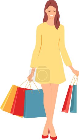 Photo for Smiling woman in yellow dress with paper shopping bags in her hands. Vector illustration. Flat style - Royalty Free Image