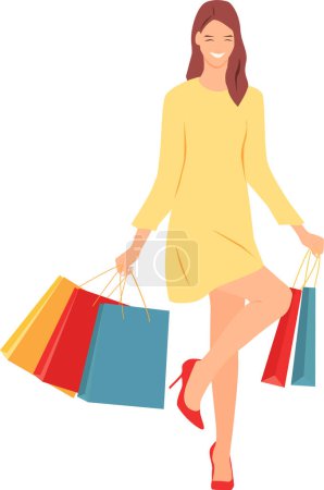 Photo for Smiling woman holds paper shopping bags in her hands. Vector illustration. Flat style - Royalty Free Image