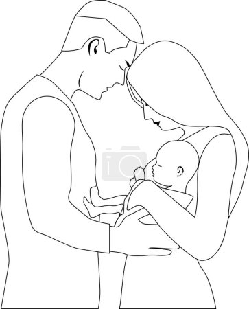 Photo for A man and a woman holding their newborn baby in their arms. Outline vector illustration. Transparent background. - Royalty Free Image