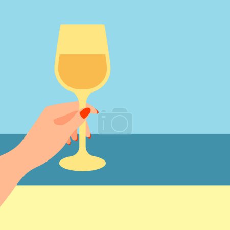 Photo for A woman's hand with nails painted with red nail polish holds a glass of white wine on the beach background vector illustration - Royalty Free Image