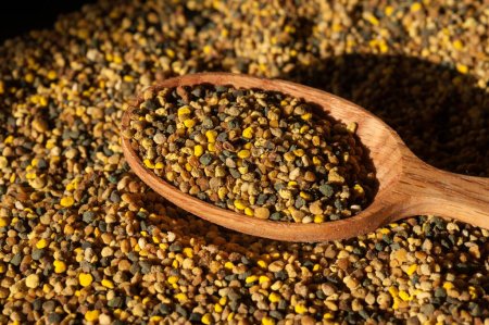 Organic bee pollen and wooden spoon close-up