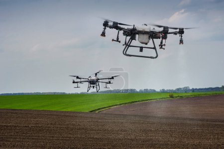 Téléchargez les photos : Pulvérisateurs drone appliquer des engrais aux champs, l'agriculture de précision, les dernières technologies de fertilisation, la possibilité de transformation après la pluie - en image libre de droit
