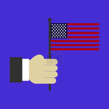 Illustration for Close-up view of male hand and US flag on blue background - Royalty Free Image