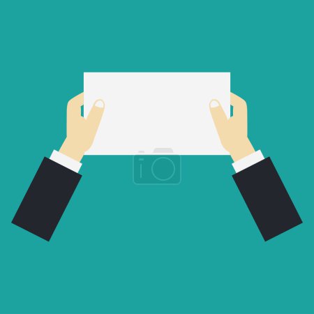 Illustration for Close-up view of male hands and  blank banner on turquoise background - Royalty Free Image