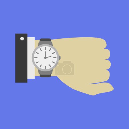 Illustration for Close-up view of male hand and wrist watch on blue background - Royalty Free Image