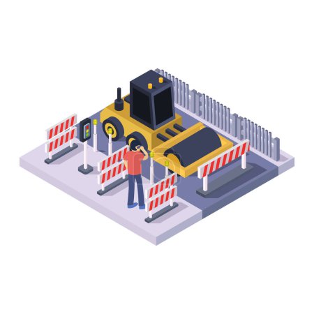 Téléchargez les illustrations : Composition isométrique des personnes travaillant avec des travailleurs avec barrière et illustration vectorielle de voiture - en licence libre de droit