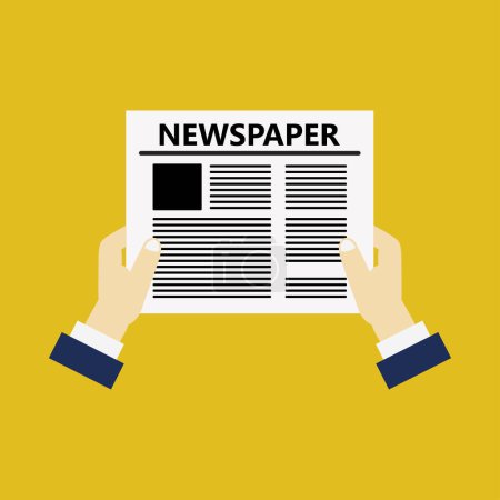Illustration for Close-up view of male hands and newspaper on yellow background - Royalty Free Image