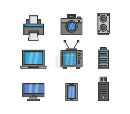 Ilustración de Conjunto de dispositivos electrónicos y cámara - Imagen libre de derechos