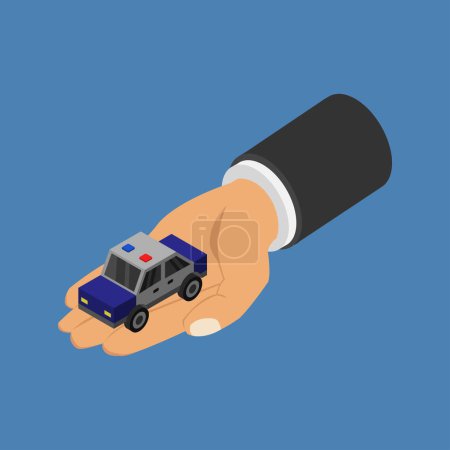 Illustration for Close-up view of male hand and police car on blue background - Royalty Free Image