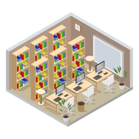 Illustration for Library room interior with many books, vector illustration - Royalty Free Image