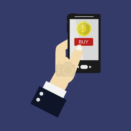 Ilustración de Comprar icono de bitcoin con la mano y el teléfono - Imagen libre de derechos